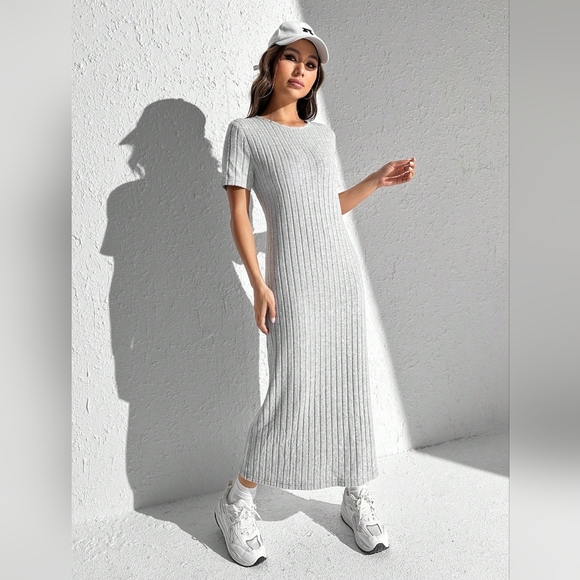 Summer Solid Split Thigh Ribbed Knit Tee Dress - Picture 4 of 4